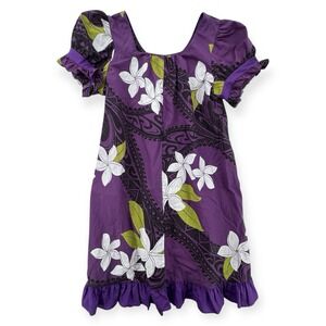 Vintage Good Times Hawaiian Dress Womens Large Midi Muumuu Floral Ruffle Purple